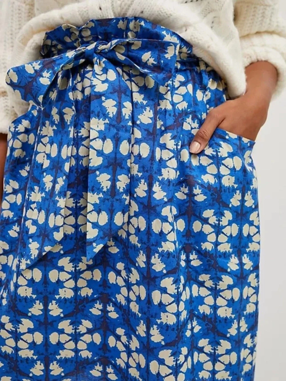 Anthropologie Paper Bag Midi Skirt Porridge Lanai Blue Belted Geo Size 1X NEW